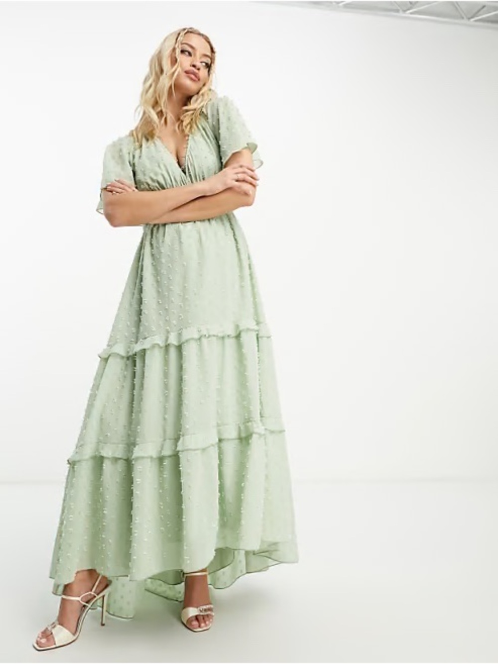 Light Green Tiered Maxi Dress with Dot Texture